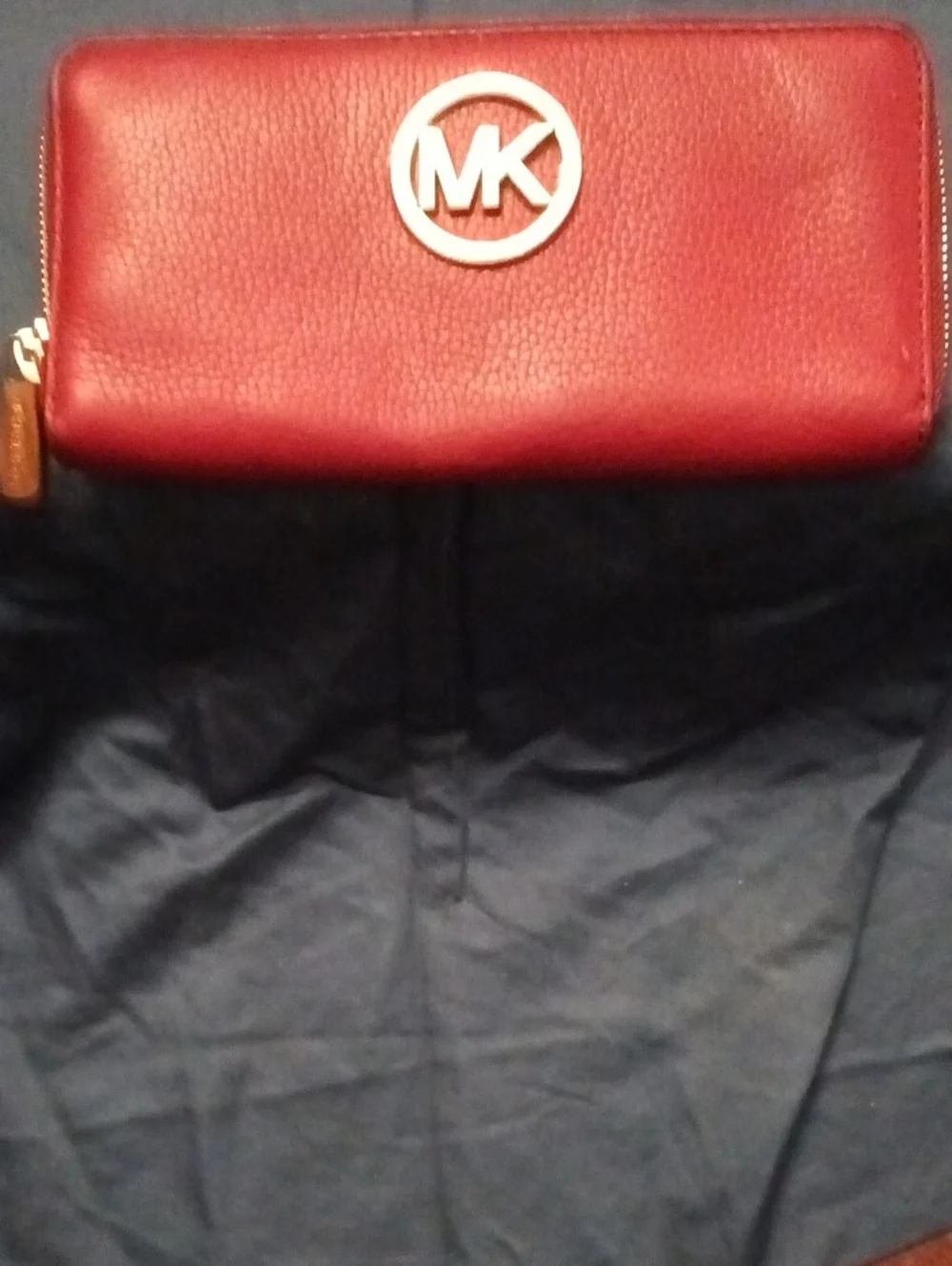 Michael Kors Cherry Red Pebbled Leather Zip Wallet with MK Medallion